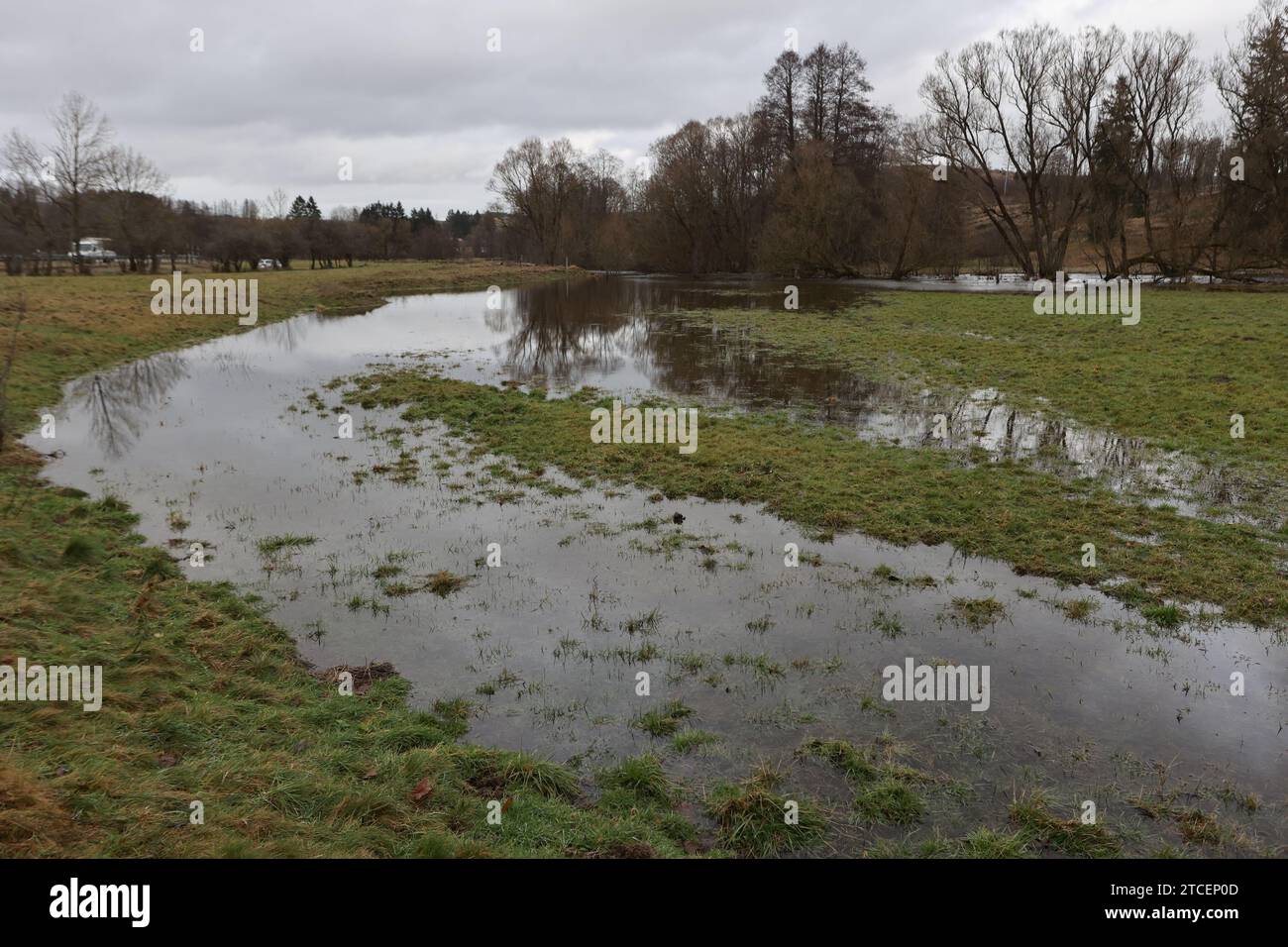 Tanne, Allemagne. 12 décembre 2023. Prairies inondées dans le Haut Harz près de Tanne. Le Warme Bode a dépassé la limite de déclaration et a fait éclater ses banques. Il existe actuellement des avertissements d'inondation pour plusieurs rivières de Saxe-Anhalt, niveau d'alerte 2. Crédit : Matthias Bein/dpa/Alamy Live News Banque D'Images