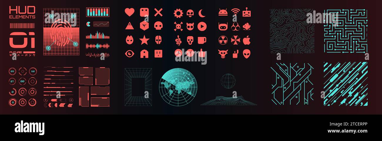 Formes cosmiques cyberpunk 3D. Eléments numériques HUD. Info, étiquettes boîtes et barres. UI, UX parties futuristes pour les mises en page et les modèles. Hologrammes, graphiques Illustration de Vecteur