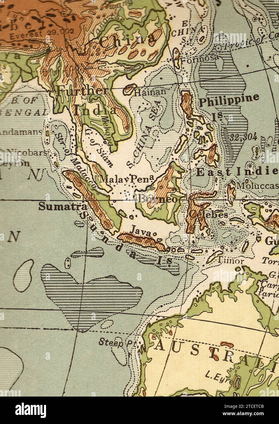 Une carte géographique vintage/antique montrant l'Australie et les Indes orientales. Banque D'Images