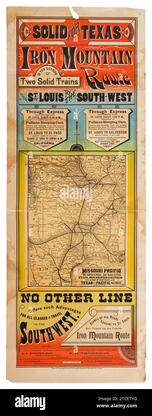 Chemin de fer Broadside avec carte - 'Solid for Texas. L'Iron Mountain route exploite maintenant deux trains Solid à partir de St. Louis au Sud-Ouest.' c 1880s. Banque D'Images