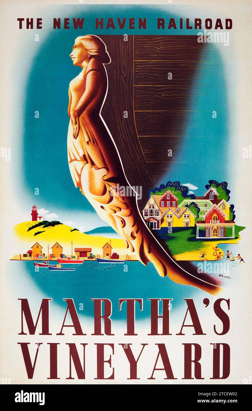 Affiche de voyage vintage pour Martha's Vineyard par le New Haven Railroad 1945 - avec une illustration audacieuse d'une figure de proue devant un rivage avec des maisons colorées - Nason Artwork Banque D'Images Affiche de voyage vintage pour Martha's Vineyard par le New Haven Railroad 1945 - avec une illustration audacieuse d'une figure de proue devant un rivage avec des maisons colorées - Nason Artwork Banque D'Images