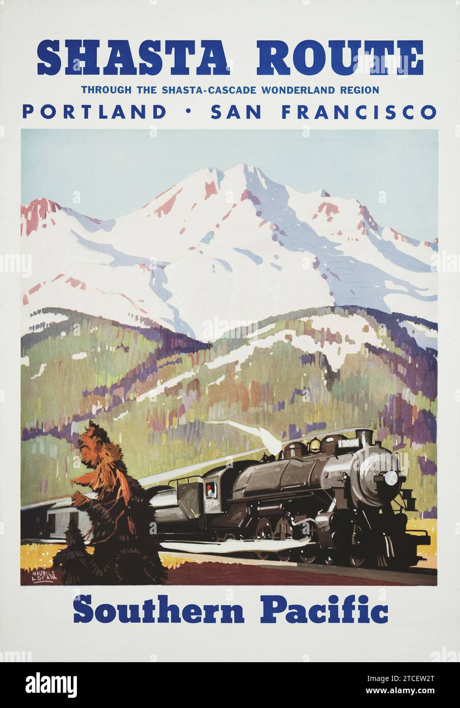 Route de Shasta à travers la région des merveilles de Shasta-Cascade Pacifique Sud - Maurice Logan Artwork, années 1950 - une locomotive de train à vapeur Banque D'Images