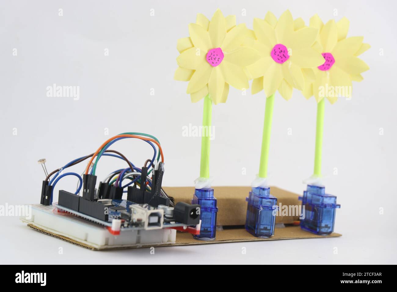 Circuit d'expérimentation avec carte de contrôleur programmable et micro servo avec fleurs artificielles attaché à la corne de servos démontrant prototype Banque D'Images