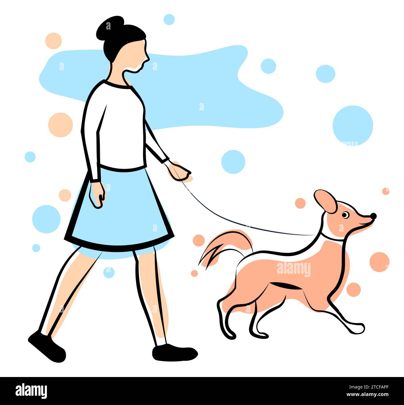 Une femme promène son chien. Doodle Illustration de Vecteur