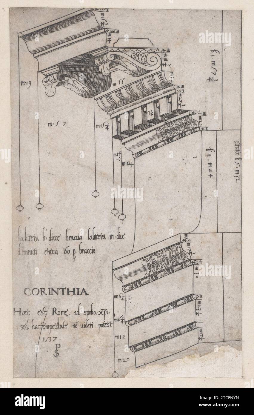 Entablement du Forum de Trajan, Rome, extrait de 'Speculum Romanae Magnificentiae' 1941 par Maître PS Banque D'Images