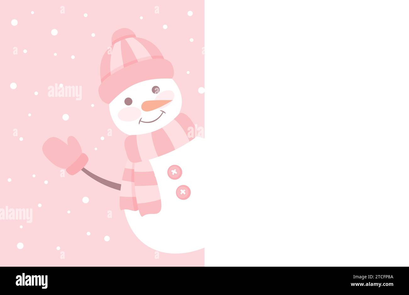 Mignon bonhomme de neige souriant en chapeau, écharpe et moufles regardant derrière l'affiche blanche avec espace de copie. Illustration vectorielle plate en couleur rose pastel Illustration de Vecteur