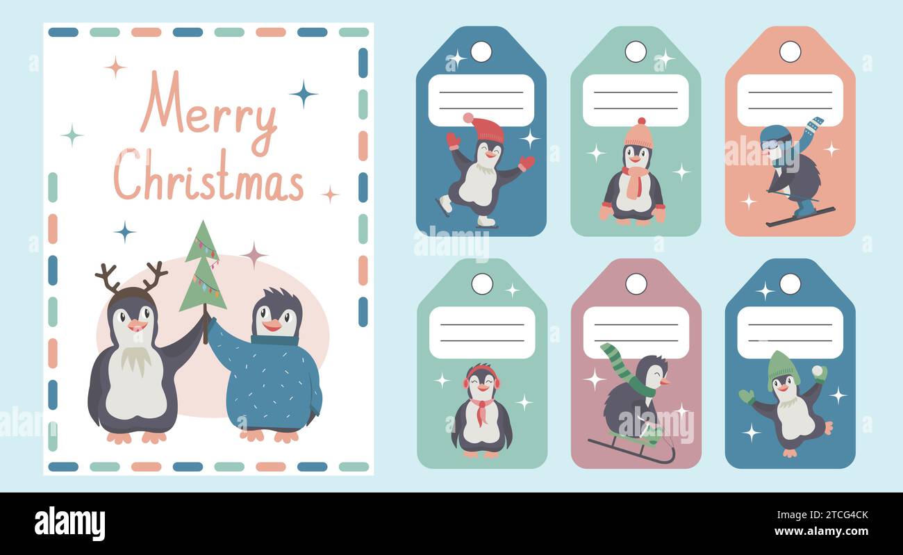 Vector Christmas Tags Collection dans des couleurs pastel avec animaux mignons et carte de voeux de Noël. Ensemble d'affiches avec des pingouins Cartoon jouant et enjo Illustration de Vecteur