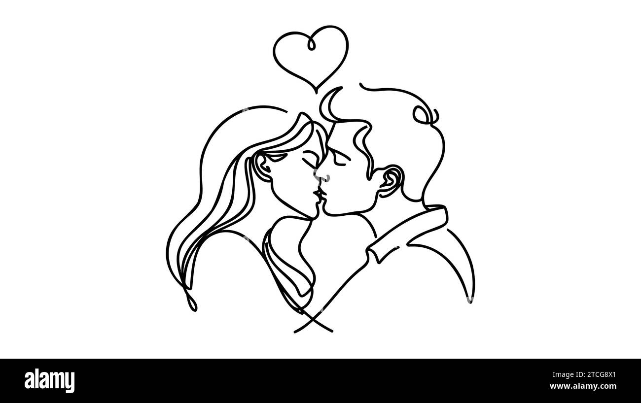 Homme et femme s'embrassant dans Heart Line art. Coupler la ligne. Illustration vectorielle d'amour de Saint-Valentin, lignes dessinées à la main, couples de mariage simples. Illustration de Vecteur