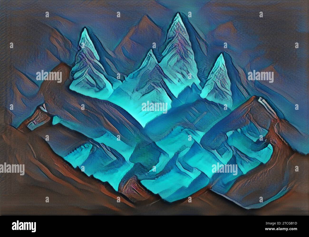 Admirez des arbres de Noël abstraits dans des montagnes bleues enneigées entourées de hauts sommets escarpés. Il s'agit d'une scène hivernale moderne montrant la beauté rêveuse du paysage. Banque D'Images