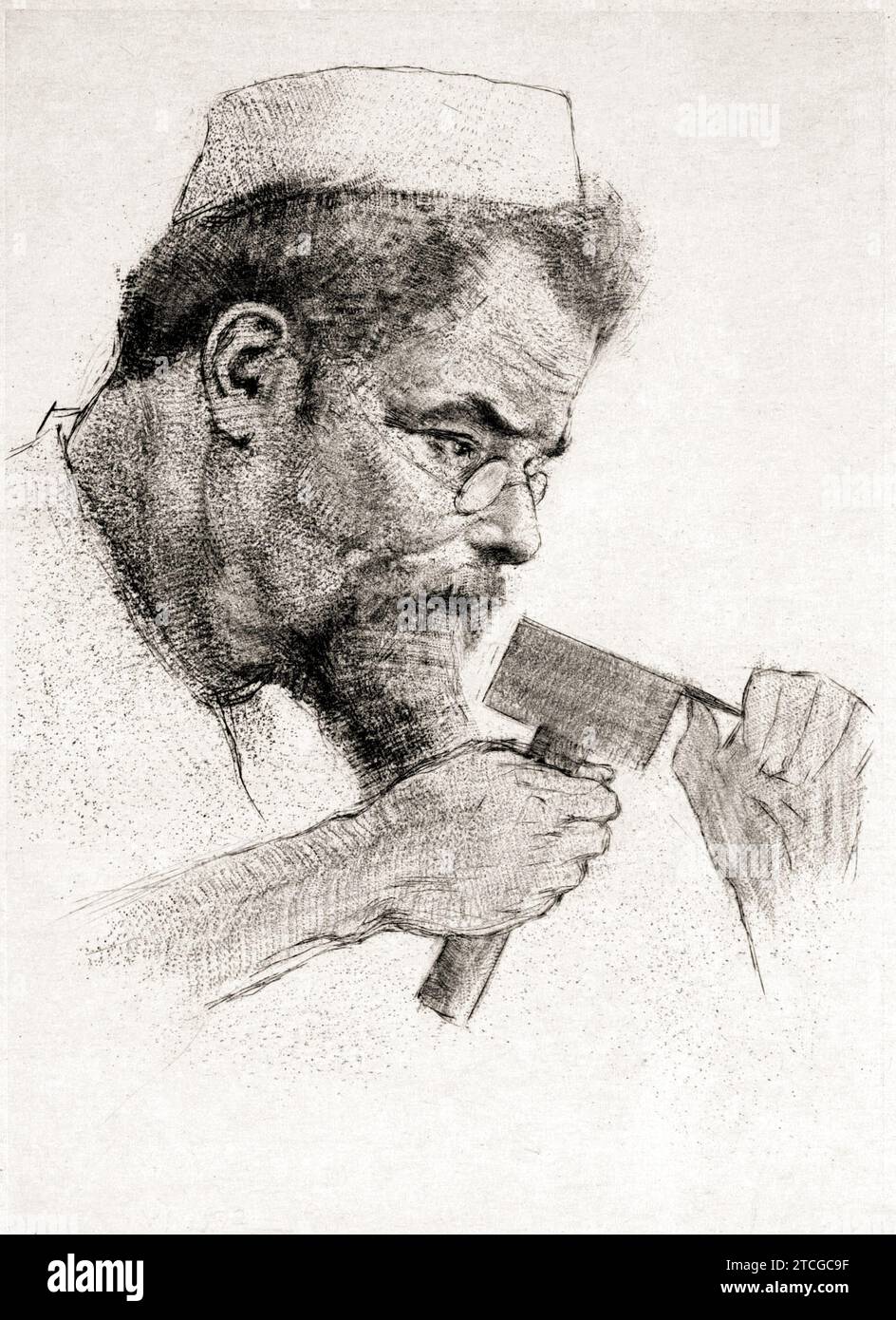 1903 , Lipsing , ALLEMAGNE : le célèbre graveur et sculpteur MAX KLINGER ( 1857 - 1920 ). Portrait gravé par le peintre EMIL ORLIK ( 1870 - 1932 ). - PORTRAIT - RITRATTO - HISTOIRE - INCISORE - SCULTORE - SCULTURA - ARTE - ARTS - Lens - occhiali da vista - barbe - Barba --- ARCHIVIO GBB Banque D'Images