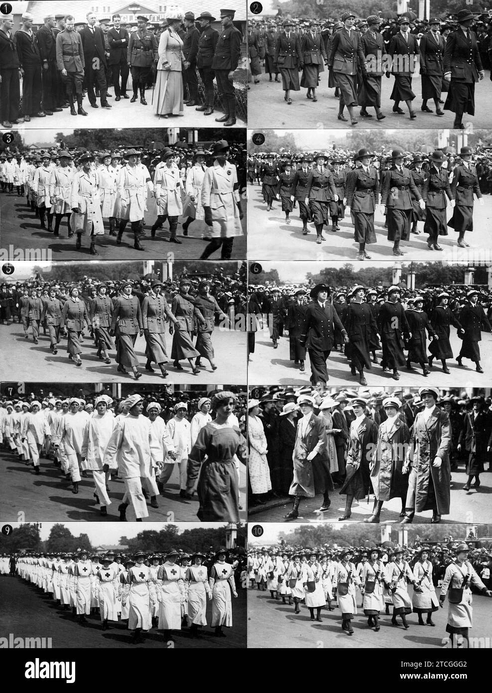 06/30/1918. Au Jubilé d'argent des rois d'Angleterre. Démonstration de Faménine devant Buckingham Palace. 1.-SS.mm. Parler avec des soldats avant la Revue. 2.-la mécanique. 3.-les agriculteurs. 4.-officiers de police. 5.-les infirmières de l'hôpital militaire Endel St. 6.-celles du service naval. 7.-les travailleurs de l'usine de munitions. 8.-du service de poste. 9.-les infirmières de la Croix-Rouge. 10.-les tramways. Crédit : Album / Archivo ABC Banque D'Images