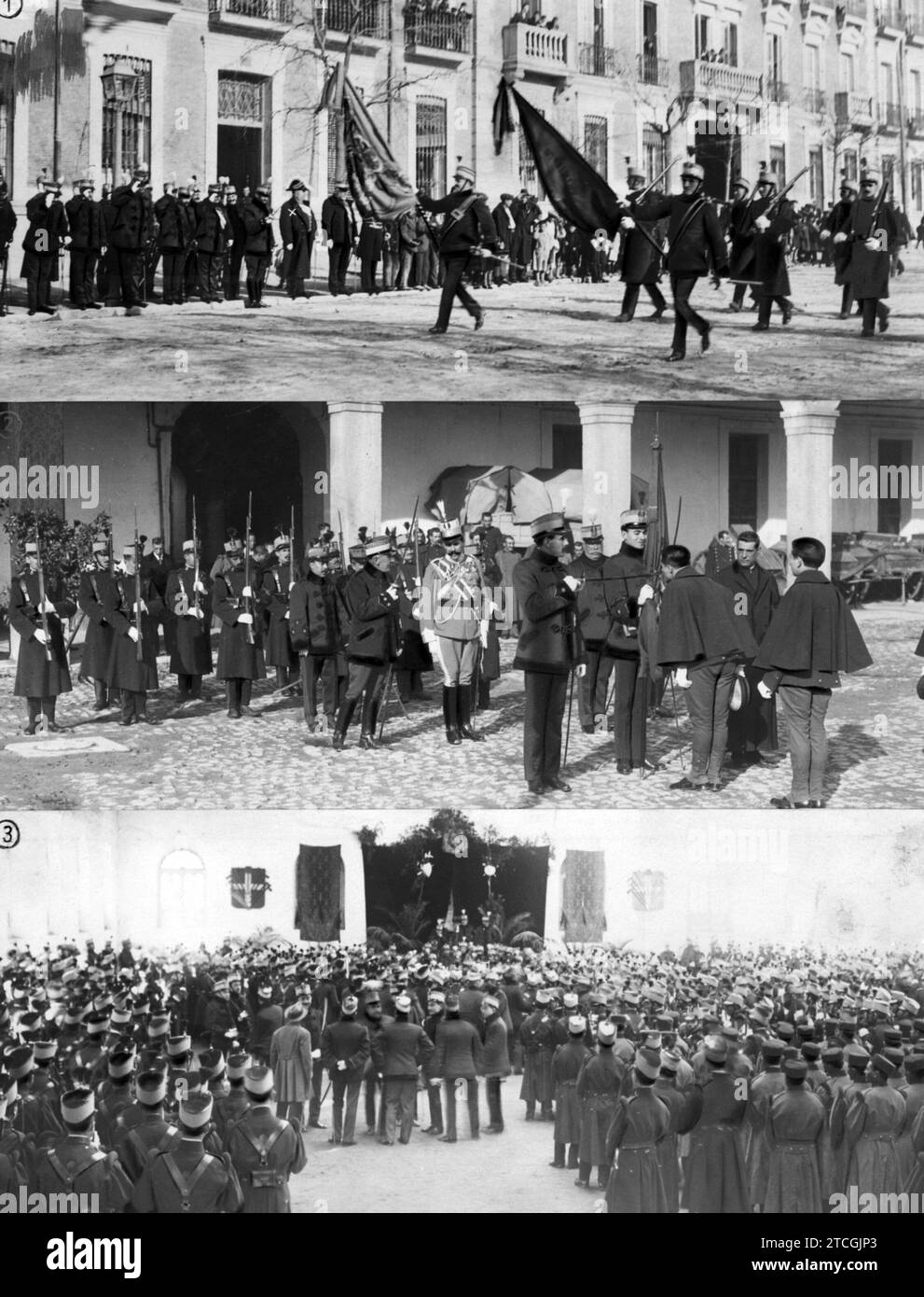 12/07/1917. La fête de la patronne de l'infanterie à Madrid. 1.-le régiment du roi défilant devant le ministre de la Guerre (X) 2.-serment du drapeau à la caserne de Wad-Ras. 3.-les soldats de Savoie chantant l'hymne au drapeau dans l'arène de la caserne du comte-duc. Crédit : Album / Archivo ABC / Ramón Alba,Julio Duque,José Zegri Banque D'Images