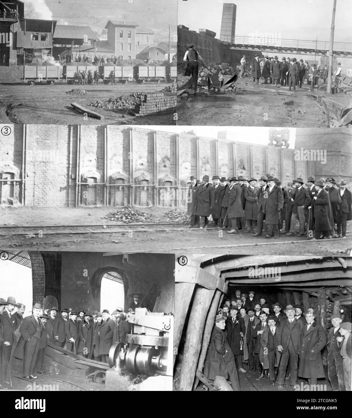 12/31/1917. 1.-un aspect des laveurs de charbon des mines de Turón. 2.-transport du charbon. 3.-les fours. 4.-le Ministre (X) témoin de la fabrication de briquettes. 5.- le Ministre (X) et ses compagnons visitant la mine de la légalité. Crédit : Album / Archivo ABC / Julio Duque Banque D'Images