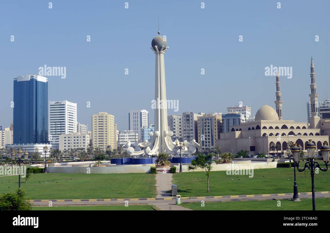 Monument Al Ittihad à Sharjah, Émirats arabes Unis. Banque D'Images