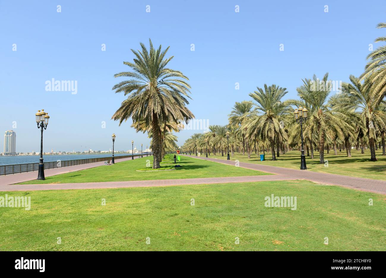 Al Nakheel Oasis le long de la corniche à Sharjah, Émirats arabes Unis. Banque D'Images