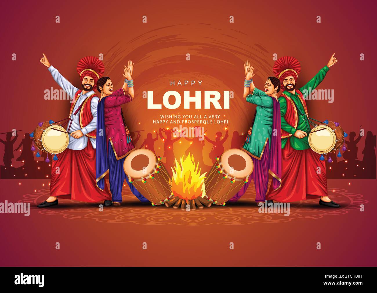 Joyeux festival Lohri de Punjab Inde fond. groupe de personnes jouant de la danse lohri. motif de bannière d'illustration vectorielle Illustration de Vecteur