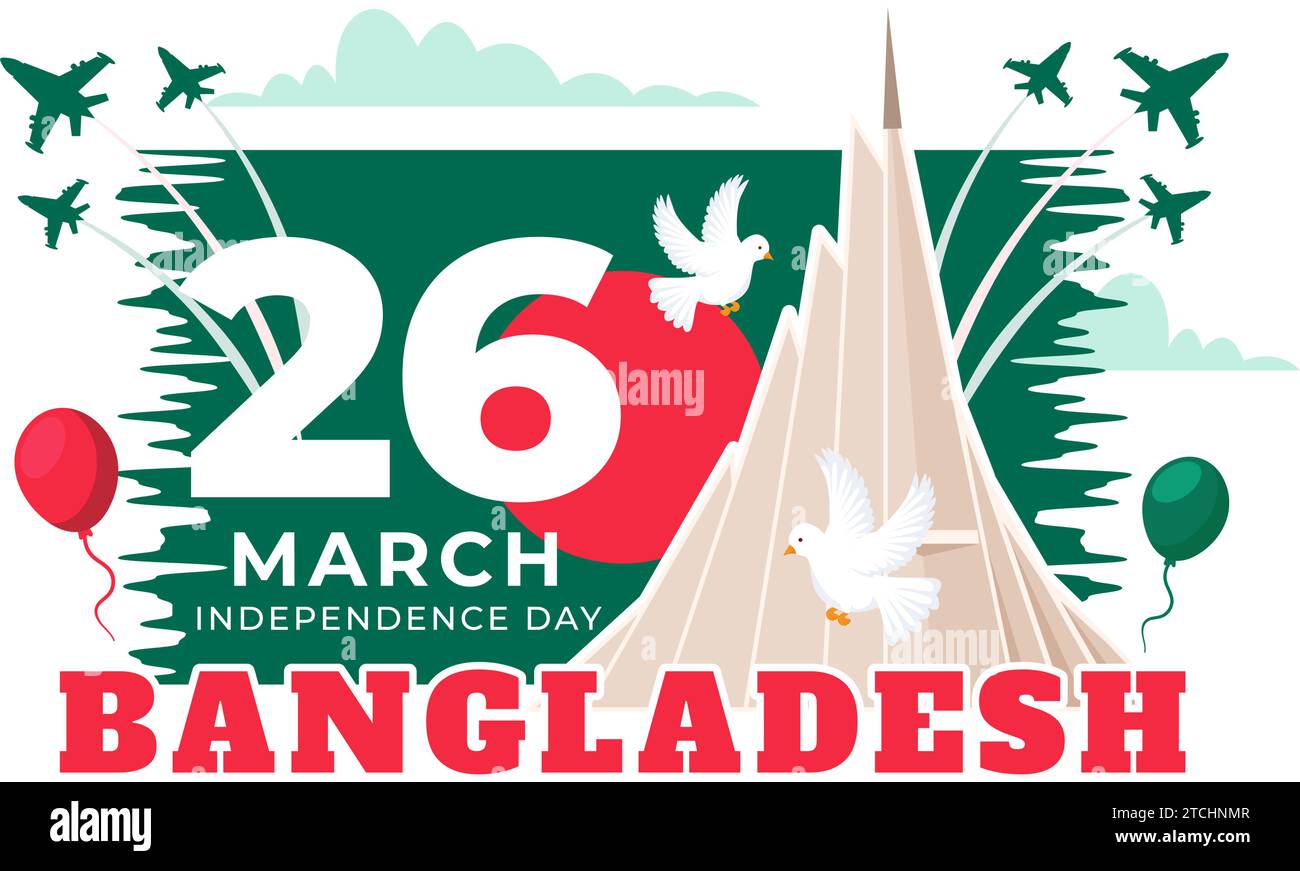 Joyeux jour de l'indépendance du Bangladesh Illustration vectorielle le 26 mars avec drapeau agitant et monument national dans fond de dessin animé plat de vacances Illustration de Vecteur
