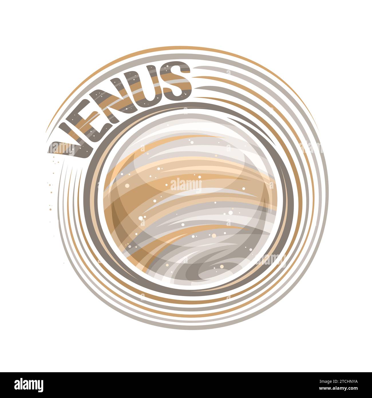 Logo Vector pour Vénus, impression cosmique décorative avec surface de gaz de planète rotative vénus avec vent et cyclones, badge cosmo brun avec brosse unique lett Illustration de Vecteur