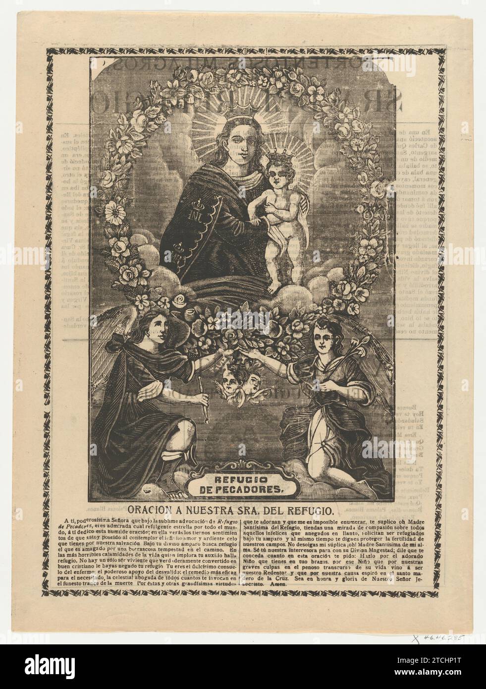 Broadsheet relatif à notre Dame du refuge avec prière 1946 par Antonio Vanegas Arroyo Banque D'Images