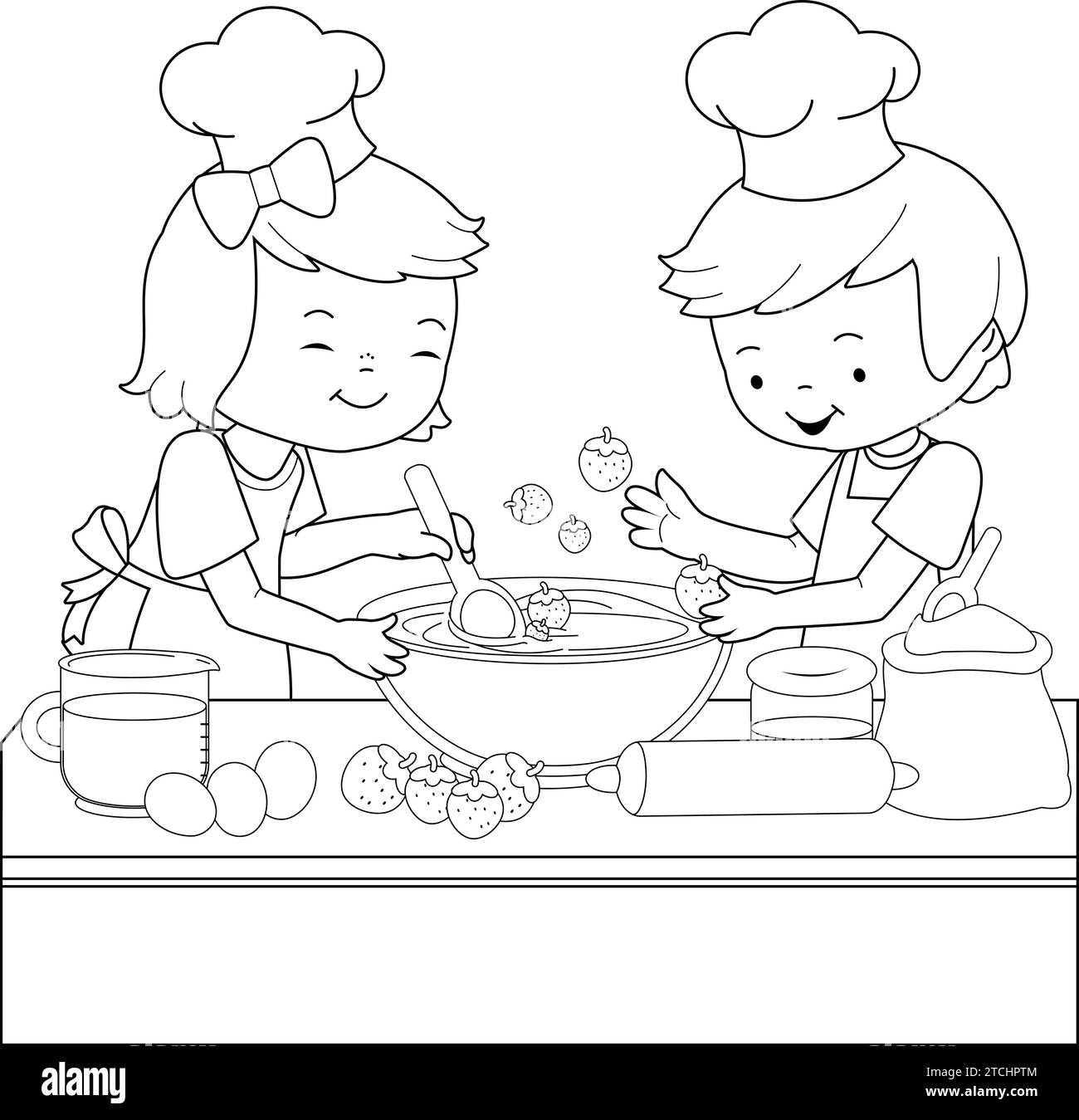 Enfants cuisinant dans la cuisine à la maison. Les enfants avec des chapeaux de cuisine faisant un gâteau. Page de coloriage en noir et blanc vectoriel. Illustration de Vecteur