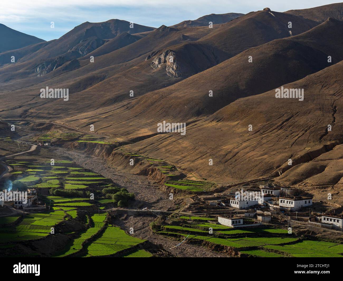Village entre terrasses verdoyantes, culture du riz et agriculture dans les hauts plateaux du Tibet, Chine Banque D'Images