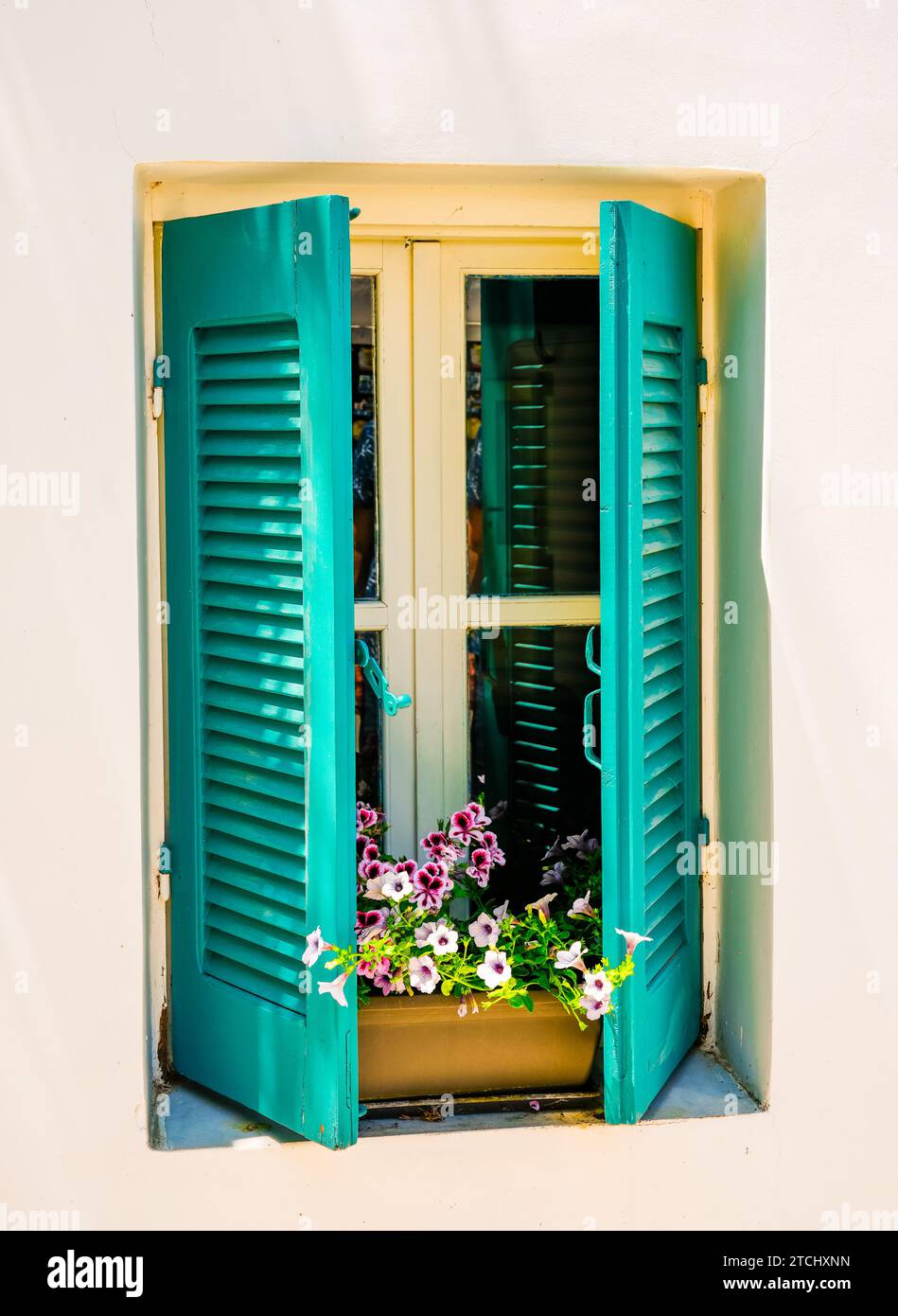 Fleurs devant la fenêtre d'une maison méditerranéenne. Décoration sur le bâtiment. Banque D'Images
