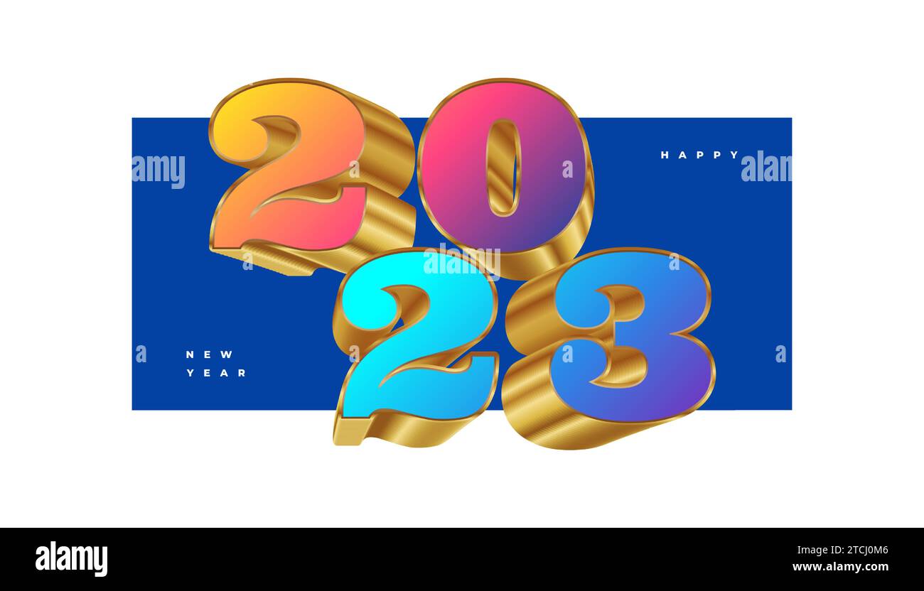 Bonne année 2023 avec des numéros 3D colorés et dorés. Conception du nouvel an pour bannière, affiche et carte de voeux Illustration de Vecteur