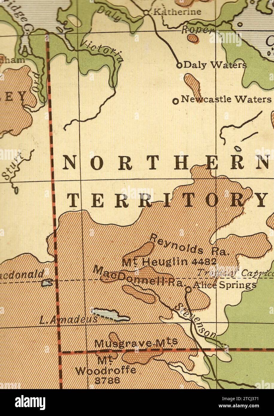 Carte géographique vintage en sépia montrant le territoire du Nord, Australie. Banque D'Images