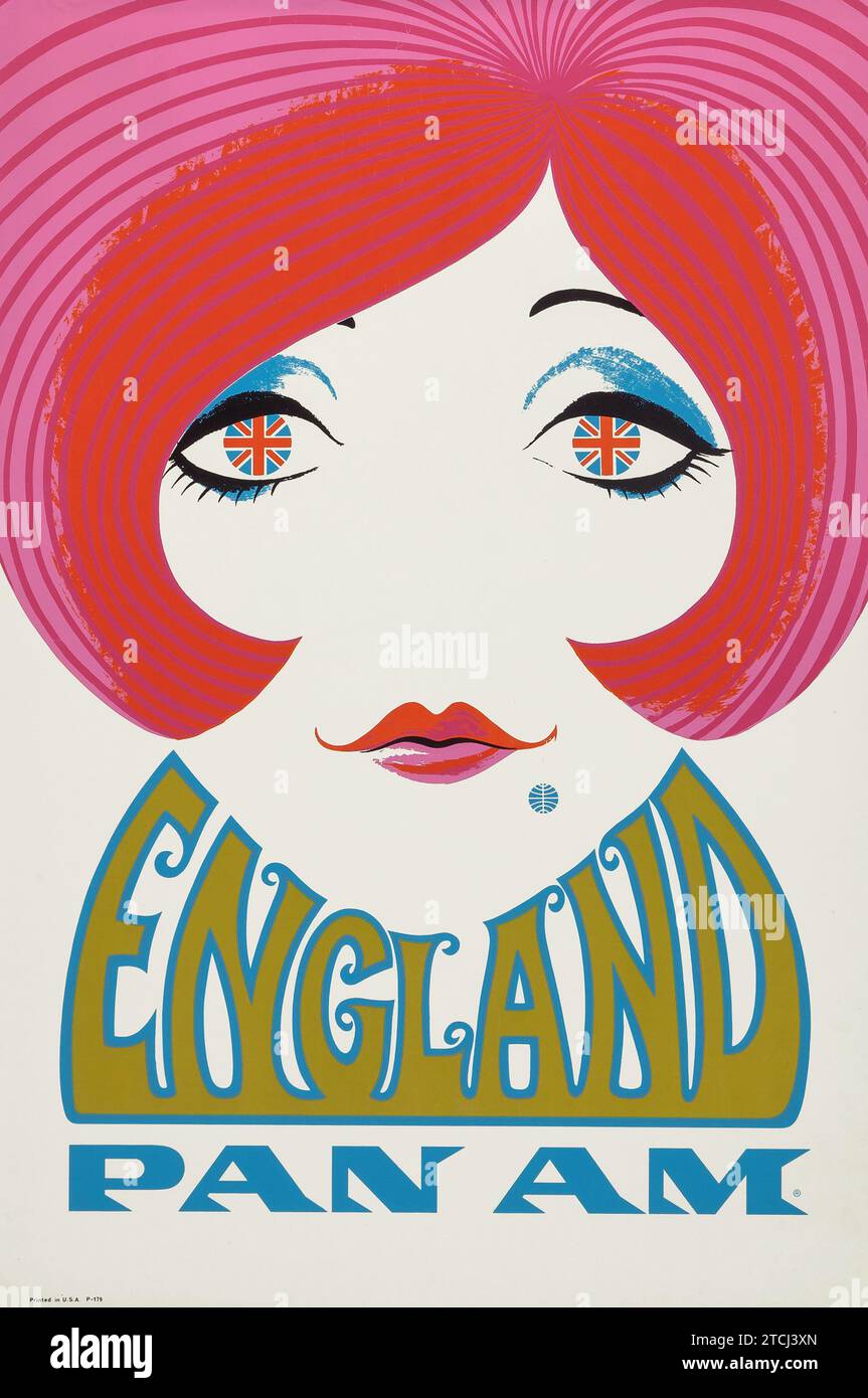 1960's England, affiche de voyage Pan Am, feat a 1960s Woman with Union Jack Eyes Banque D'Images