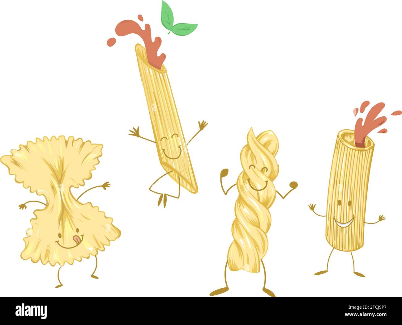 Personnages de pâtes de dessin animé, nourriture italienne joyeuse macaroni. illustration vectorielle Illustration de Vecteur