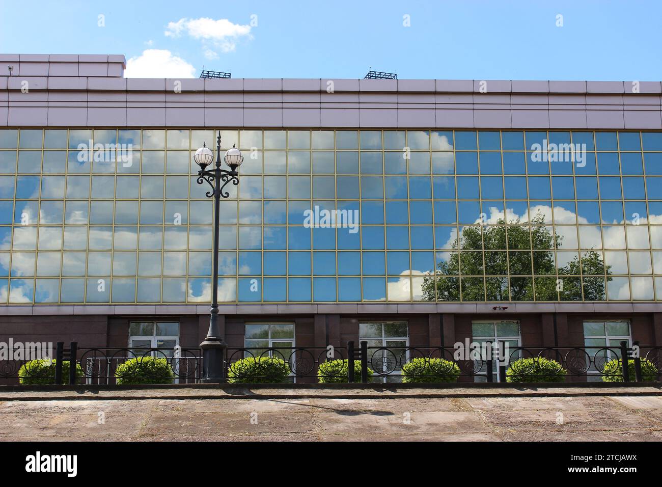 Arbre vert et nuages sur Un ciel bleu se reflète dans le mur de verre miroir de l'immeuble de bureaux avec des buissons verts devant lui Banque D'Images