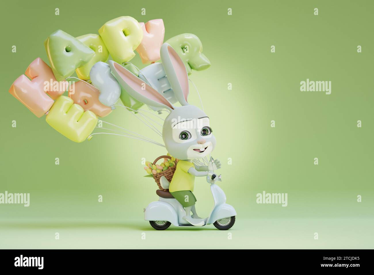 Mignon scooter d'équitation lapin avec panier de pâques et ballons. Rendu 3D. Banque D'Images