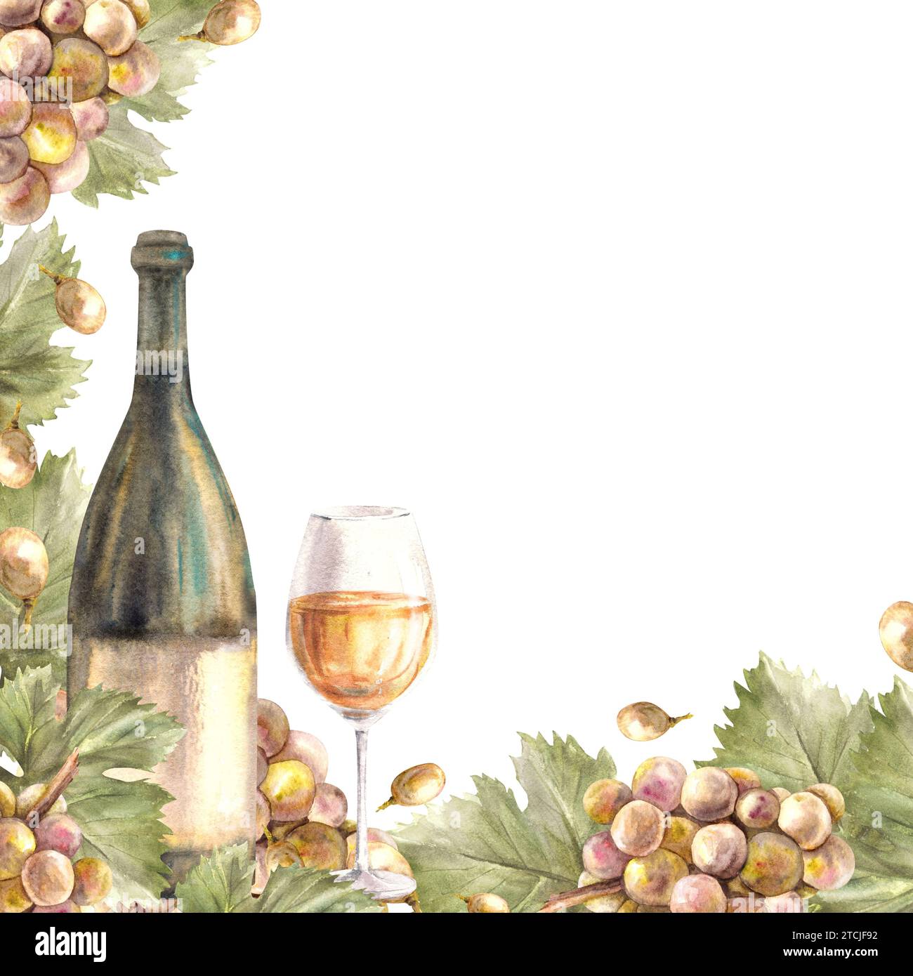 Bouquet de cadre aquarelle de raisins verts, feuilles et baies de raisin avec verre et bouteille de vin blanc étiquette Grapevine illustration peinte à la main pour le vin Banque D'Images
