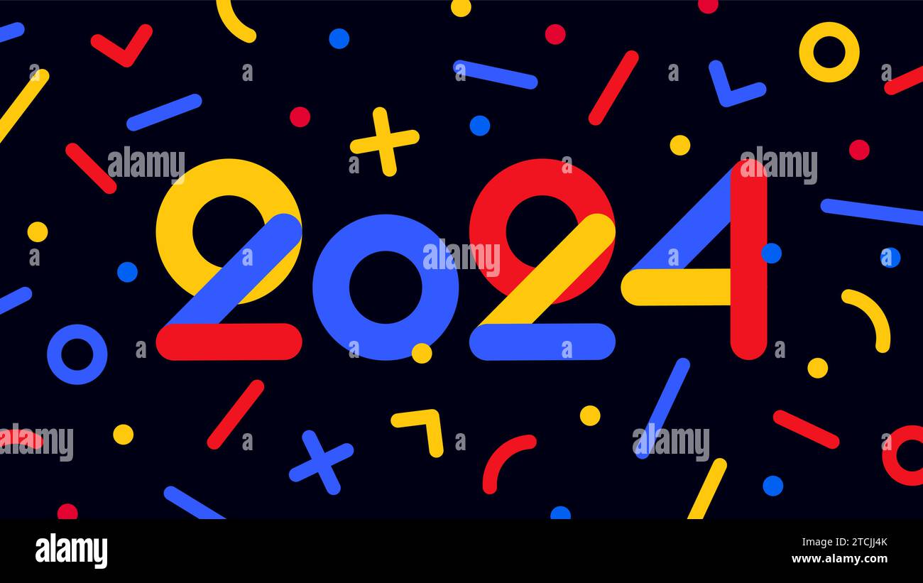 2024, bonne année. Carte de voeux pour bonne année, bannière, affiche et autocollant, style géométrique de vacances avec texte 2024, bonne année. Carte de Noël confettis de vacances, 2024. Illustration vectorielle Illustration de Vecteur