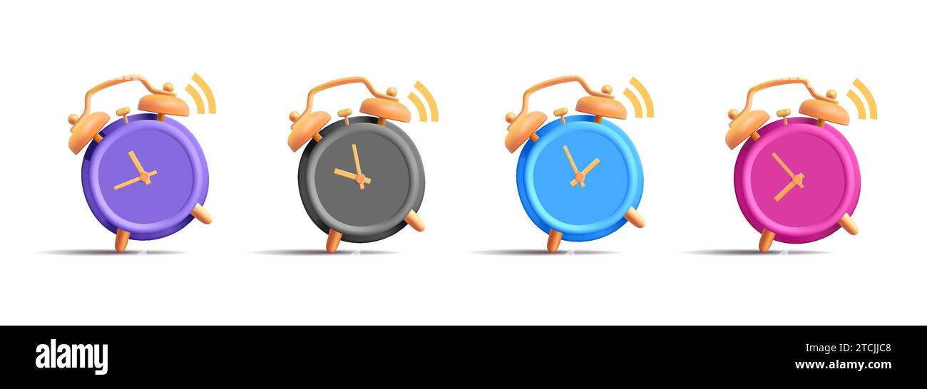 Ensemble d'icônes de rendu 3d de réveil, graphique moderne stylisé de l'horloge vintage dans différentes couleurs, isolé Illustration de Vecteur