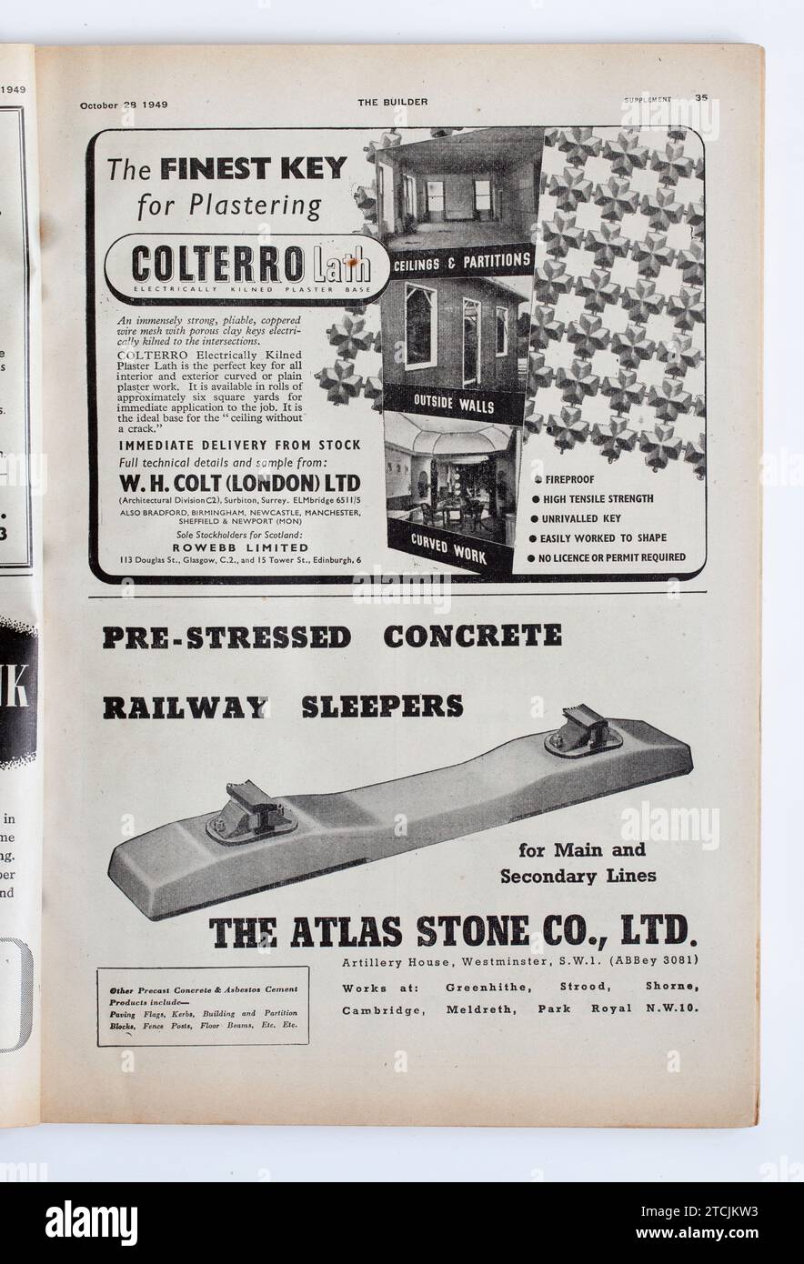 Publicité tirée d'un exemplaire des années 1940 The Builder Magazine : Colterro Lath Plastics : Atlas Stone Railway Sleepers ; Banque D'Images