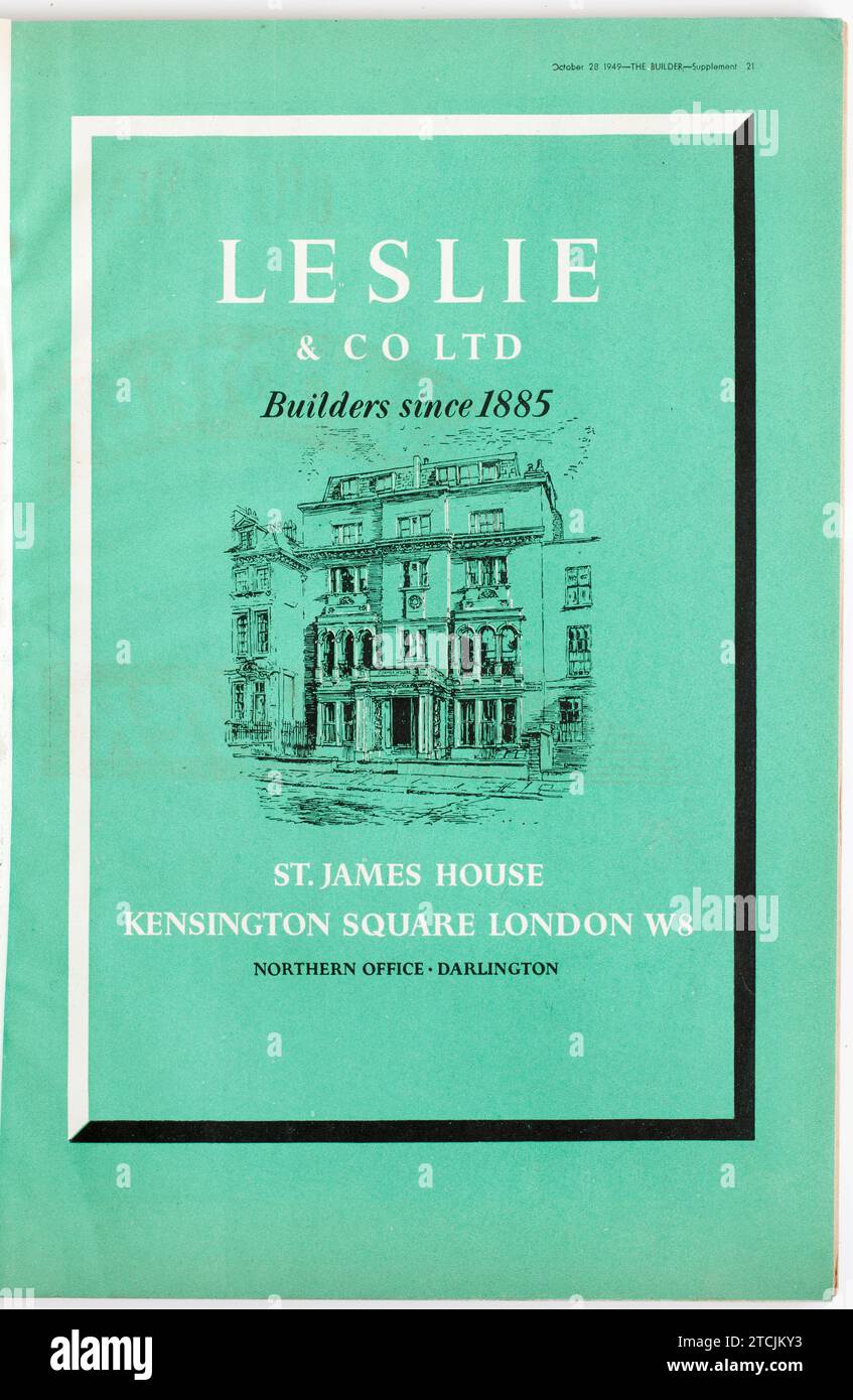 Publicité tirée d'une copie des années 1940 The Builder Magazine ; Leslie and Co Builders Kensington Square London Banque D'Images