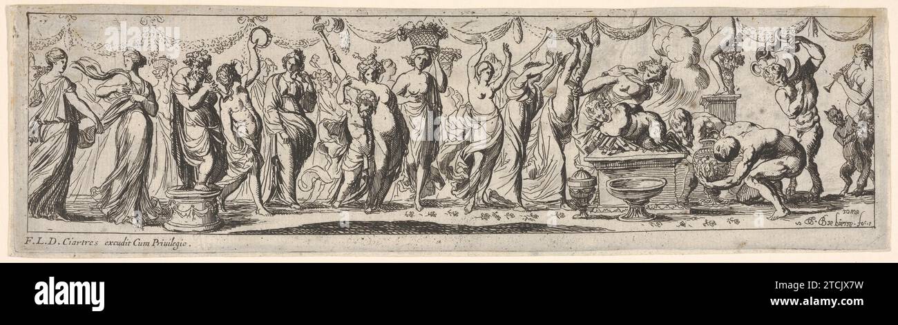 Procession de danseuses drapées, de femmes portant des paniers et de musiciens masculins, à droite un satyre est lié sur un bûcher, à partir d'une série de douze dessins en forme de frise montrant des bacchanaux, des sacrifices et des danses 2012 de Pierre Brebiette Banque D'Images