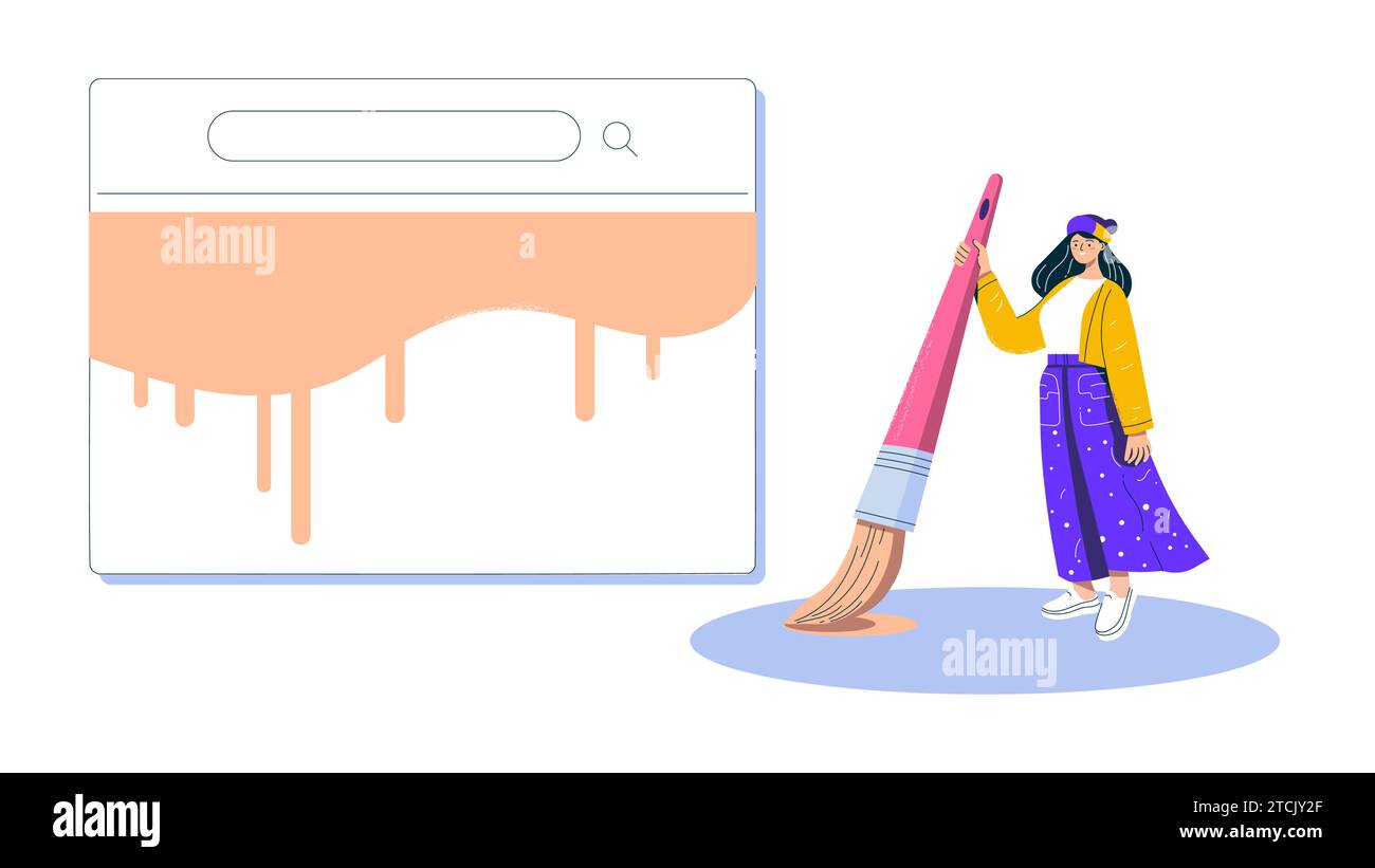 Femme concepteur Web visualisant un concept de recherche dynamique avec un grand pinceau Illustration de Vecteur