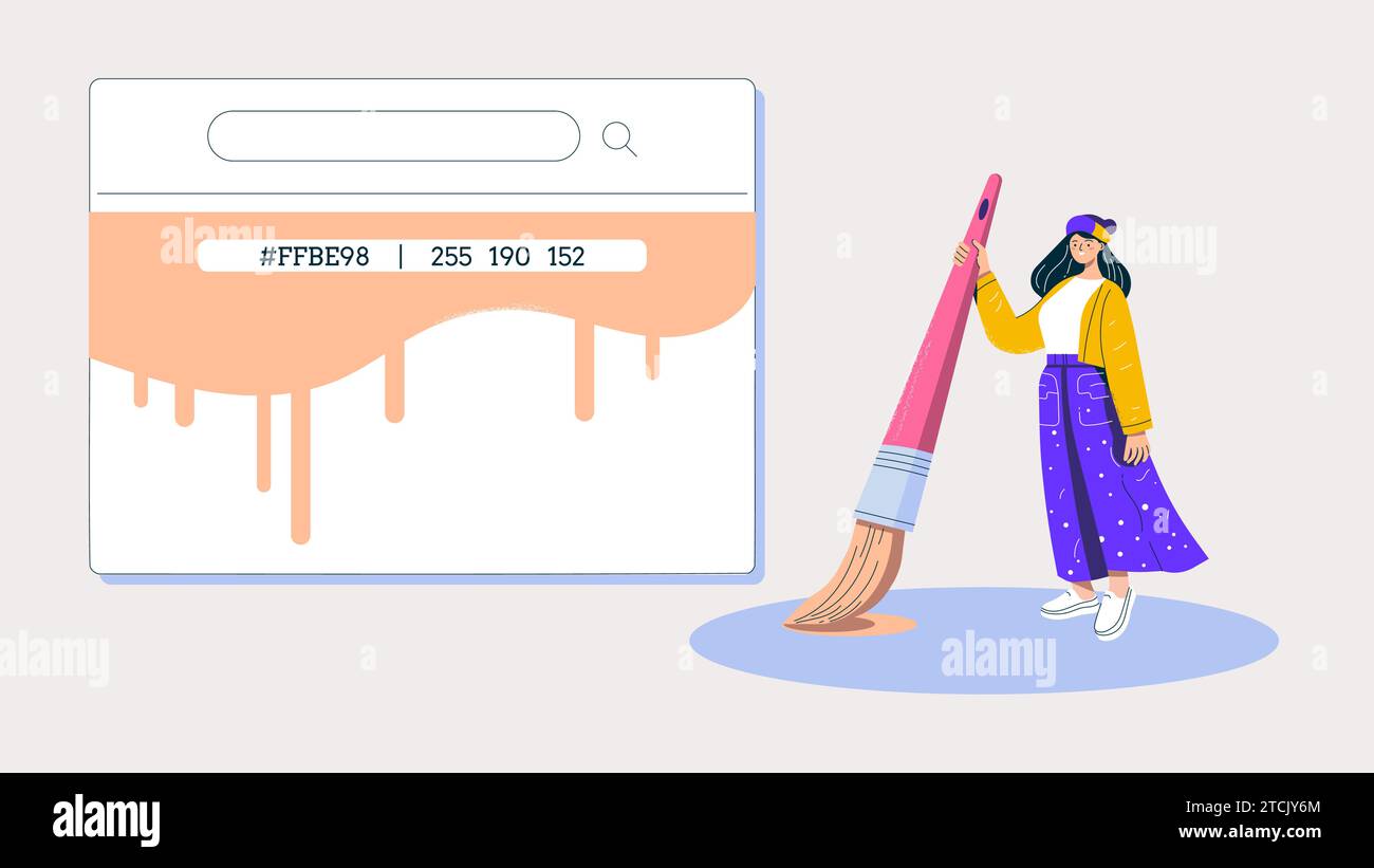 Femme concepteur Web visualisant un concept de recherche dynamique avec un grand pinceau, couleur de l'année, Peach Fuzz avec des valeurs RVB et Hex Illustration de Vecteur