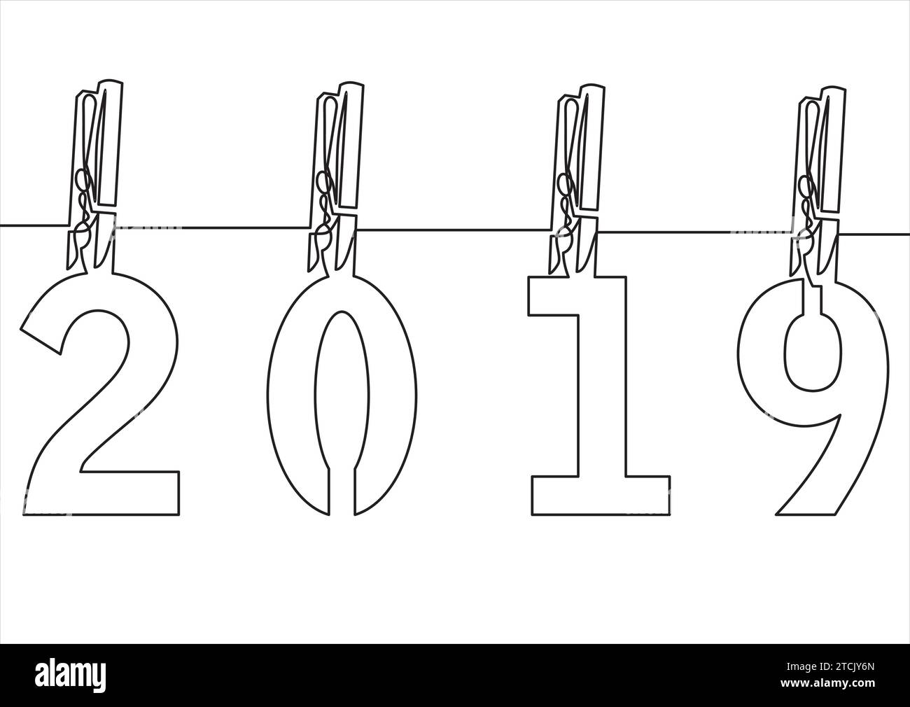 Clip cheville en bois avec des numéros 2019.Happy New Year ou Christmas Background conception de carte de voeux créative.dessin au trait continu Illustration de Vecteur