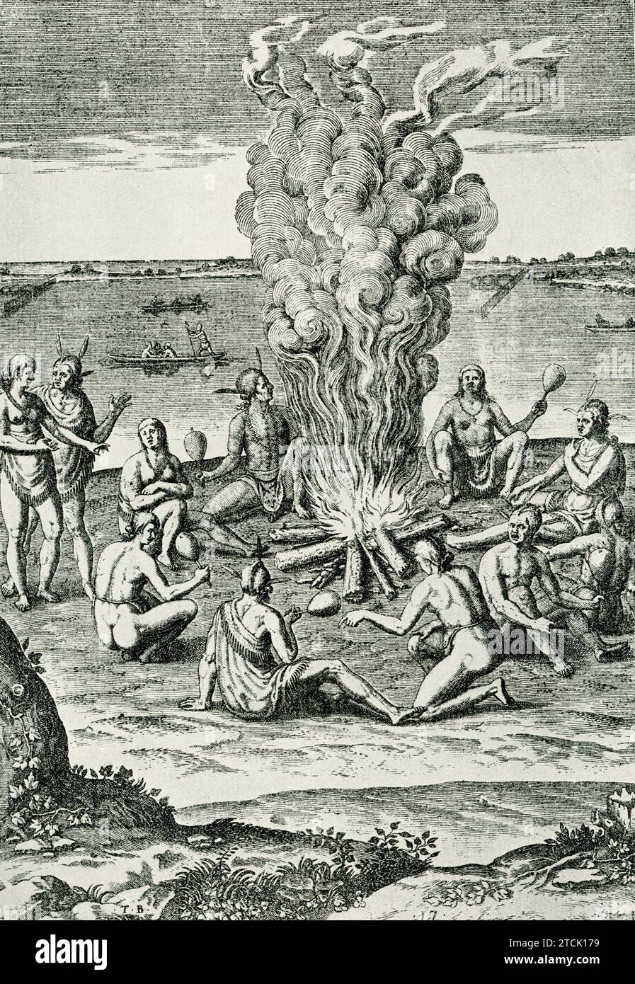 La légende de cette image se lit comme suit : les indigènes de Virginie par leur feu.' Il est tiré du «Rapport de la nouvelle terre trouvée de Virginie», publié à Francfort 1590. Banque D'Images