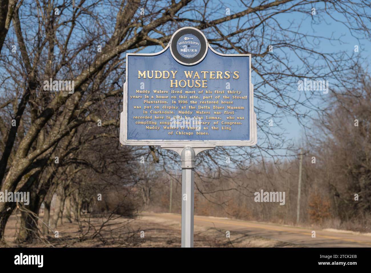 Clarksdale, Mississippi, États-Unis-5 février 2023 : signe marquant le lieu de naissance de l'emblématique musicien de Delta Blues Muddy Waters. Banque D'Images