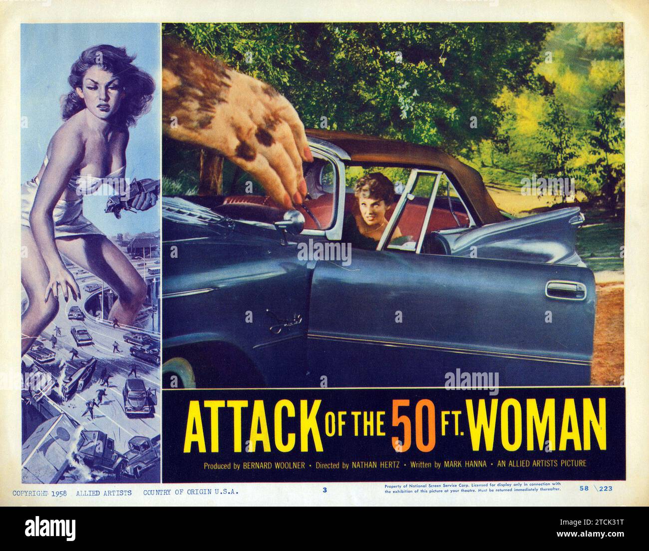 Attaque de la femme de 50 pieds (Allied Artists, 1958). Carte du lobby vintage, affiche avec Allison Hayes, William Hudson et Yvette Vickers. Banque D'Images