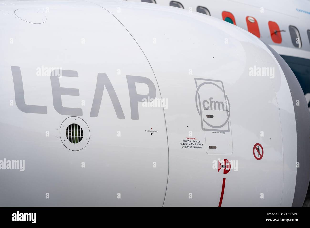 Moteur CFM LEAP monté sur un Boeing 737 Max 8, au salon aéronautique de Farnborough. CFM International LEAP est un turboréacteur à double flux à fort débit Banque D'Images