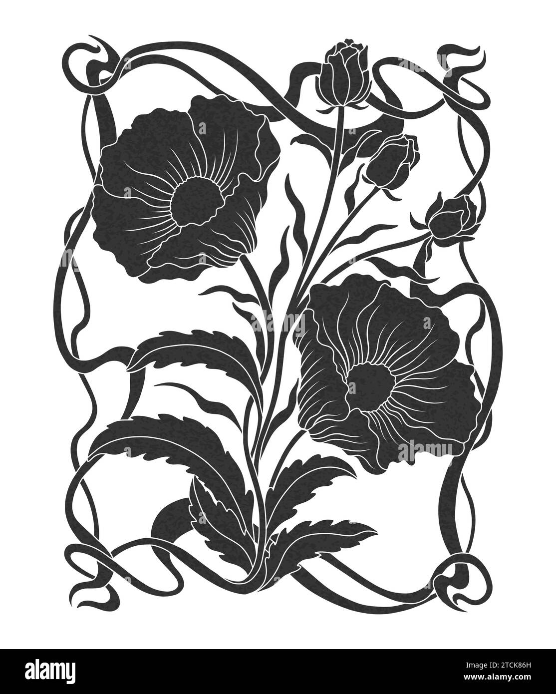 Plante de pavot floral en art nouveau 1920-1930. Coquelicot dessiné à la main avec des tissages de lignes, de feuilles et de fleurs. Illustration de Vecteur