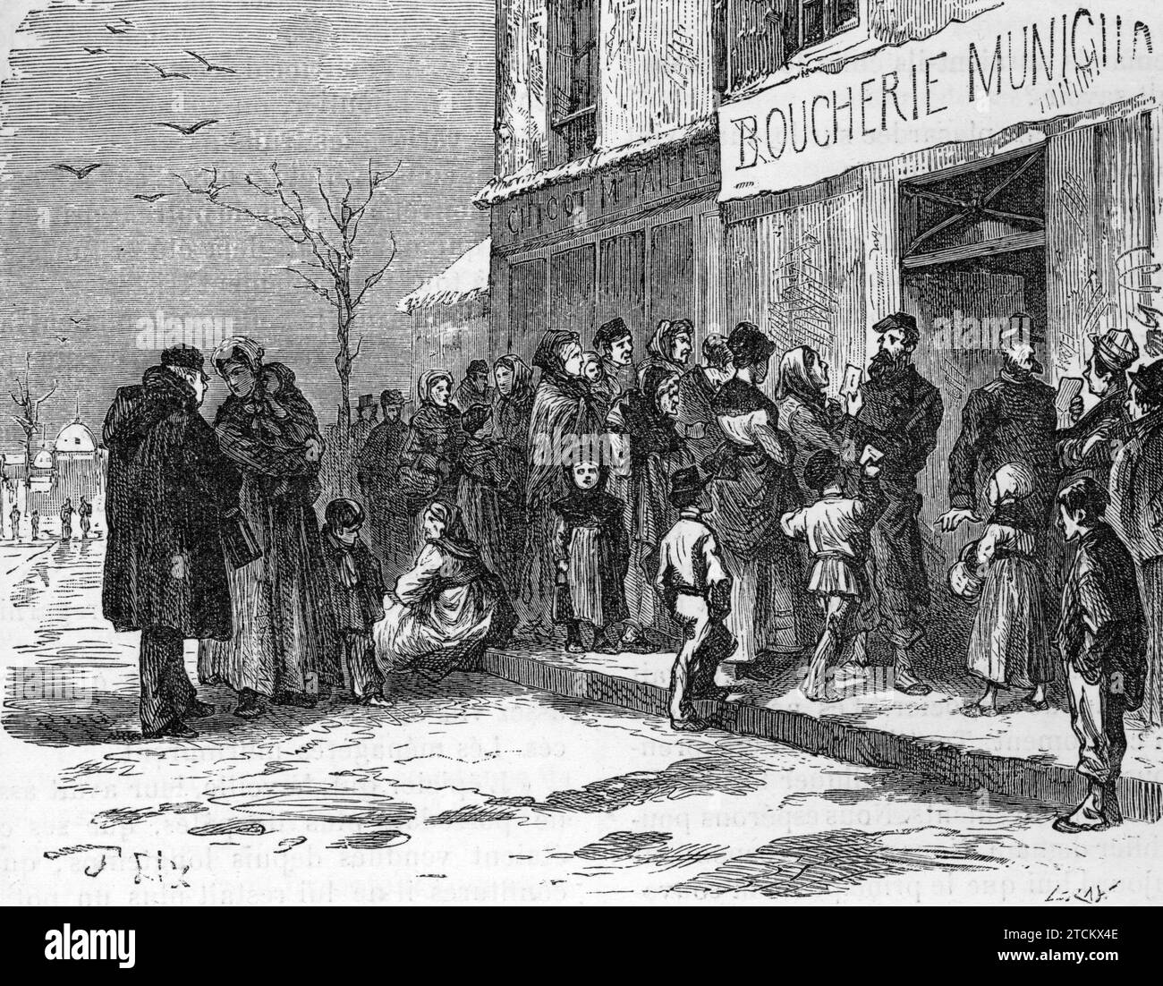 Foule parisienne en file d'attente devant la boucherie lors du siège de Paris en 1871 : pénurie alimentaire et pauvreté - Banque D'Images