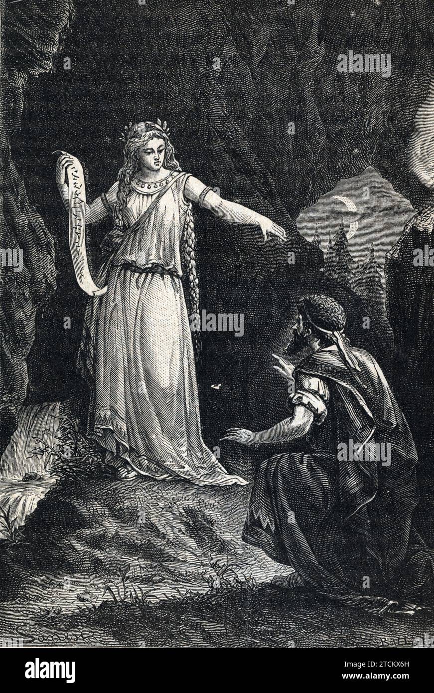 Le légendaire deuxième roi de Rome Numa Pompilius reçoit d'egeria les lois de Rome. Gravure de 'Storia-d'Italia' di Luigi-Stefanoni Banque D'Images