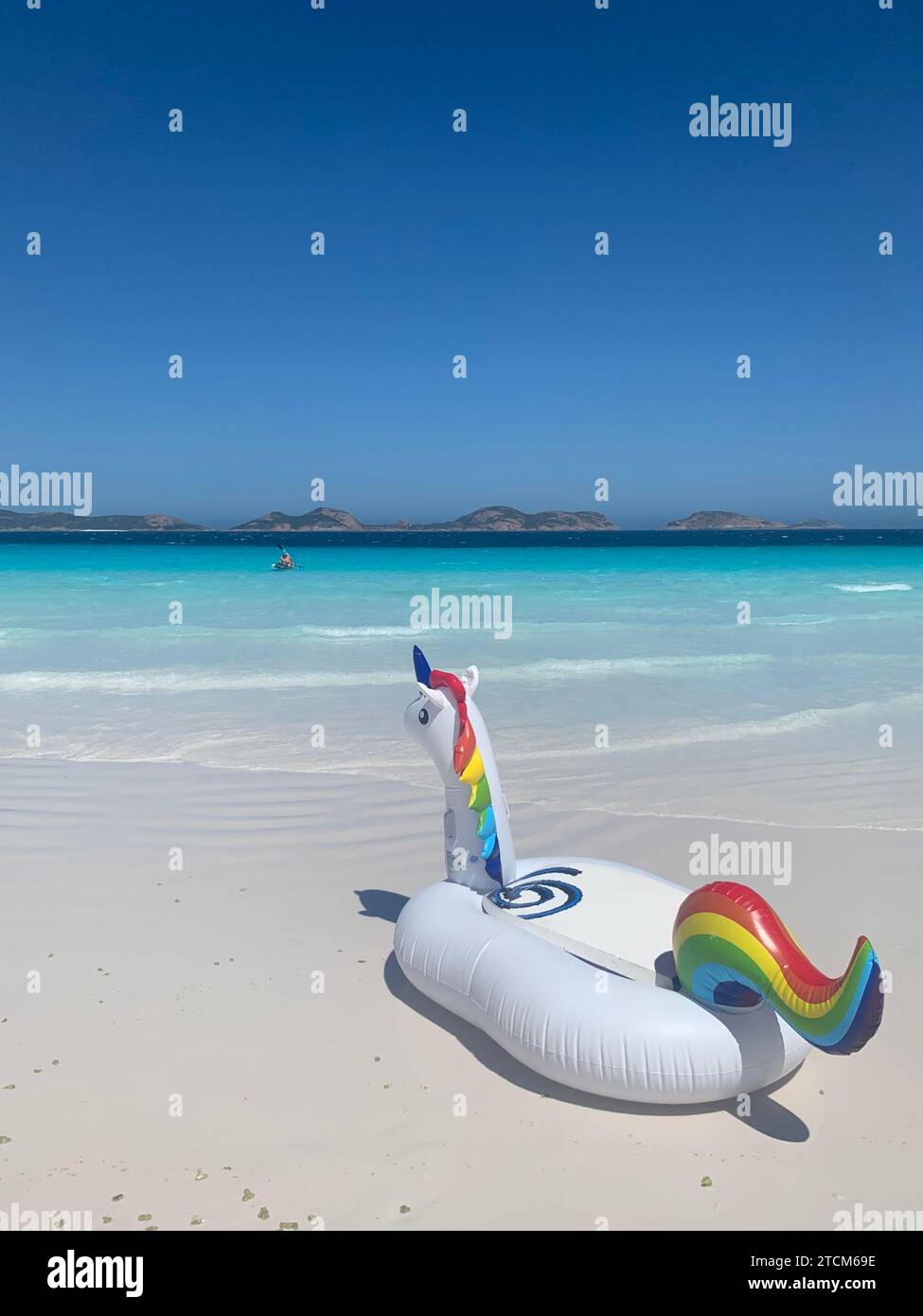 Une licorne gonflable fantaisiste de couleur arc-en-ciel flottant sur une plage en toile de fond, créant une scène vibrante et joyeuse pour tout projet Banque D'Images