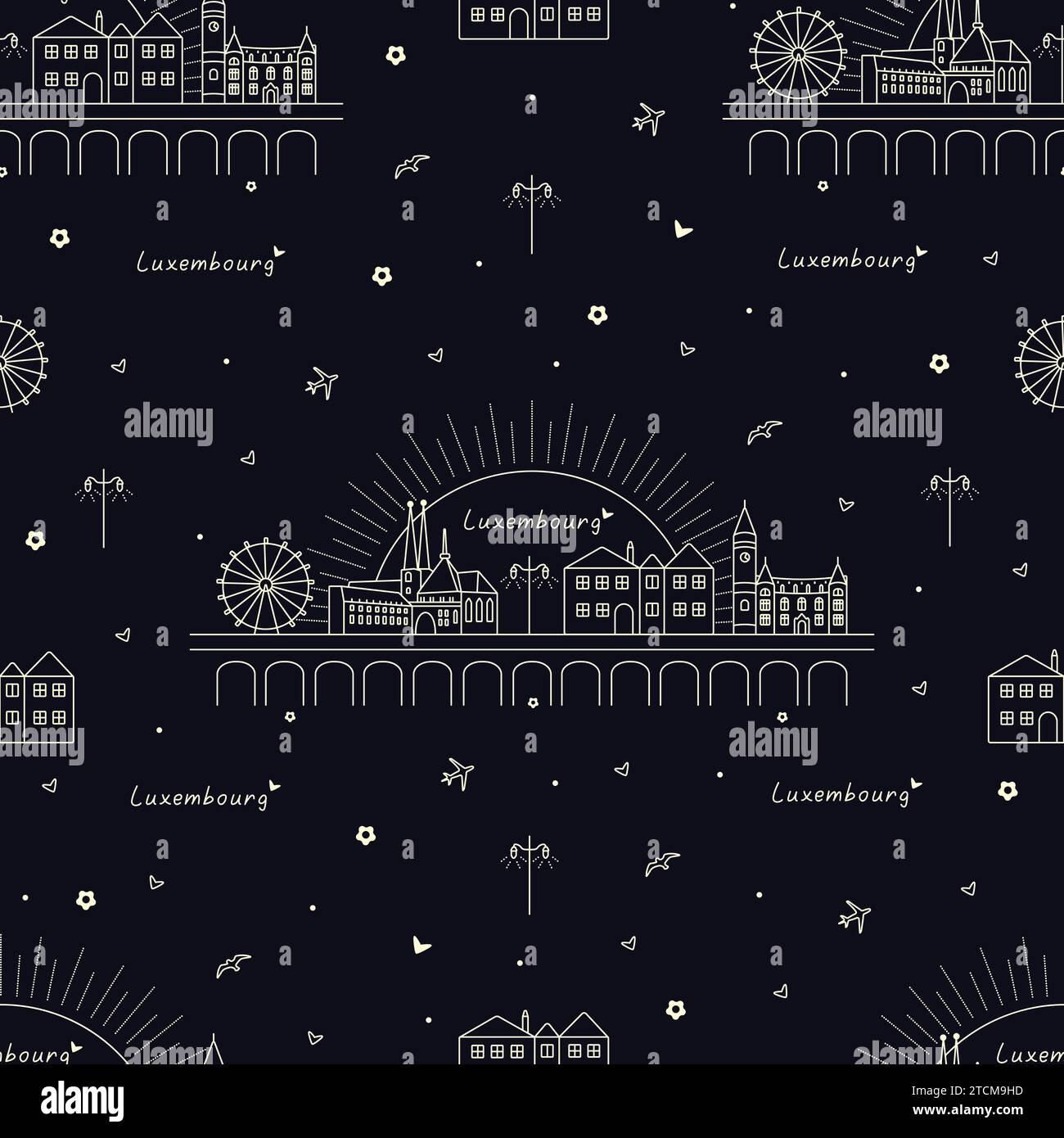 Luxembourg motif sans couture dans des couleurs bleu foncé et jaune clair, architecture et symboles de la ville, des monuments et de l'horizon Illustration de Vecteur